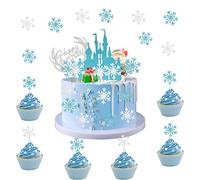 Silars Fiocchi di Neve Decorazioni Torta Compleanno, 22pz Tema Blu Addobbi Compleanno Happy Birthday Decorazioni, Compreso Topper Torta del Castello e Topper Torta del Fiocchi di Neve