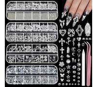 Silber Nagel Charms und Edelsteine Kit, 4 Scatole Pietre per Unghie Argento Strass per Unghie, Accessori per Unghie 3D Y2K, Ciondoli a Croce per Design Unghie Stella, Perle di Caviale per Arte