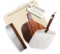 SILBERTHAL Set pietra per pizza 4 pezzi - Pietra refrattaria con pala pizza in acciaio inox, tagliapizza 32 cm e tagliere da servizio - Per forno e BBQ