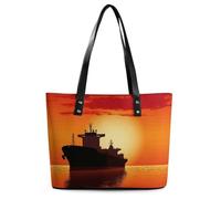 Silhouette della nave cisterna sull'alba rossa Borsa hobo in pelle Borsa a mano Borsa a tracolla Borse da donna alla moda per tutti i giorni e per i viaggi