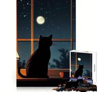 Silhouette di gatto alla finestra di notte,puzzle da 1000 pezzi per adulti,ideale per migliorare la memoria,per il tempo libero,con bordi netti e come regalo (38x52cm)