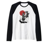 Silhouette di Samurai Epico Contro Sole Rosso Maglia con Maniche Raglan