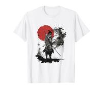 Silhouette di Samurai Epico Contro Sole Rosso Maglietta