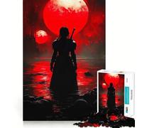 Silhouette Guerriero Sotto Luna Rossa Puzzle da 1000 Pezzi per Adulti Gioco di Esercizio Mentale Gioco di Tempo Libero Design da Assemblare Regalo Stagionale 38x52cm