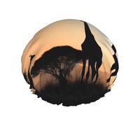 Silhouette of Giraffe on Grass Cuffia da doccia riutilizzabile a doppio strato cuffia impermeabile per capelli con fascia elastica Cappello da bagno Spa Salon Shower Hat for Women Men
