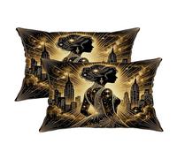 Silhouette - Set di 2 federe per cuscini, arte elegante paesaggio urbano con stelle N/a, in morbido velluto dorato, lavabili, per soggiorno, letto, ufficio, divano, sedia, decorazione 50 x 30 cm
