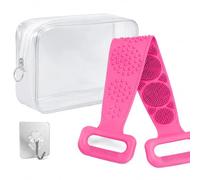 Silicone Body Scrubber Belt, Double-Sided Silicone Back Scrubber for Shower, Soft Bath Brush with Loop Handles Reach Your Back During Showers, 360° Anti-Slip, Travel Size Rubbing Tool (Pink)