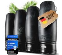 Silicone bottiglie da viaggio da riempire (4 x 100 ml), adatte per bagagli a mano, essenziali, a prova di perdite, senza BPA, anello per scrivere, set da viaggio, accessori da viaggio (nero)