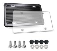 Silicone License Plate Frame with Cover Combo- Flat Clear License Plate Shield and Rustproof Black Car Tag Holder, 1 Set Unbreakable Transparent Protector with Stainless Steel Screws Caps