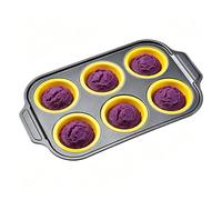 Silicone Muffin Tray 6 Cup - Non Stick Cupcake Mold with Metal Frame, Reusable Baking Tin for Brownie Cookie Chocolate | Easy Release Pan, Oven Air Fryer Safe Bakeware for Home Kitchen Cooking Tool