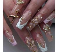 Silkenaire Press on Nails Nude Rosa Farfalla 3D Unghie finte Set da 24 Pezzi