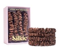 Silkie - Set di 4 scrunchie in 100% pura seta di gelso, colore: marrone, piccole dimensioni, con sacchetto da viaggio, elastici per uso quotidiano, per la cura dei capelli, elastico per coda di