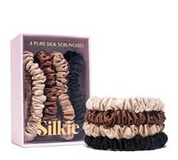 SILKIE - Set di 4 scrunchie in 100% pura seta gelso, e: nero/marrone, piccole con sacchetto da viaggio, elastici per uso quotidiano, la cura dei capelli, elastico coda cavallo, nessun danno