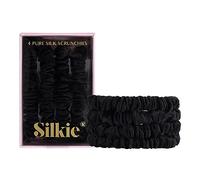 SILKIE - Set di 4 scrunchie in 100% pura seta gelso, e: nero, piccole con sacchetto da viaggio, elastici per uso quotidiano, la cura dei capelli, elastico coda cavallo, nessun danno