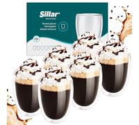 Sillar Bicchieri a Doppia Parete 350ml Tazze Caffe Vetro, Set di 8 Tazzine | Bicchieri Termici a Doppia Parete in Vetro Borosilicato Resistente al Calore | Tazzine Caffe per Tè Caffè Cappuccino