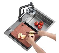 SilteD Lavelli da cucina, lavello da bar, lavello nano per lavastoviglie, multifunzione, rettangolare, postazione di lavoro, lavello da cucina + rubinetto estraibile/grigio canna di fucile/68 x 45 cm