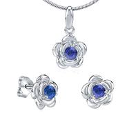 SILVEGO Parure di Gioielli in Argento 925 Fiore con Zaffiro Sintetico Blu Scuro Orecchini Ciondolo Catenina 45-55 cm