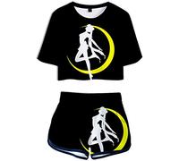 Silver Basic Japanese Anime Costume Sailor Jupiter Crystal T-Shirt e Shorts Sportiva Seta per Donna Adulto,Nero Japanese Anime-2,M