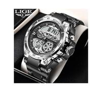 (Silver black) LIGE Digital Analog Watch for Students Sports Chronograph Alarm Multi-Function Waterproof