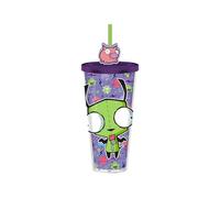 Silver Buffalo Invader Zim GIR - Tazza in plastica con coperchio e cannuccia, capacità 680 ml