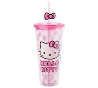 Silver Buffalo Sanrio Hello Kitty Bow Pink Polka Dots - Tazza in plastica con coperchio e cannuccia, 680,4 g