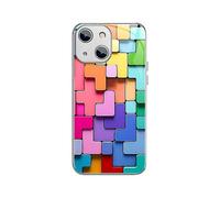 (Silver) For Iphone 14 Colorful Toy Bricks Pattern Shockproof Glass Phone Case