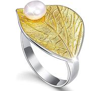Silver / Gold Plated Alloy Leaf & Pearl Finger Open Ring, Leaves With Sweet Water Pearl Sterling Silver Handmade Ring For Women Accessory Gift Nice processing
