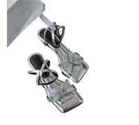 Silver Rhinestone Butterfly Knot Sandals Women's Summer Fairy Style for Skirts Square Head Toe Exposure High Heels(Silver,40)