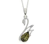 SilverAmber Jewellery Noda GL378G - Ciondolo a forma di cigno, in ambra baltica verde e argento Sterling, senza catenina
