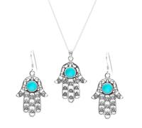 Silverly Set Argento 925 Collana Orecchini Turchese Simulato Mano Di Fatima