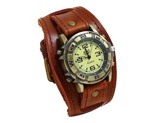 Silverora Orologio da uomo in pelle: orologio analogico al quarzo punk gotico con cinturino in vera pelle regolabile, manette larghe, accessori per Halloween, regali per uomini e ragazzi, marrone