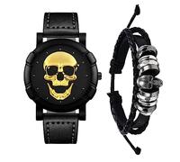 Silverora Set di 2 orologi da uomo con teschio, in pelle, con cinturino in pelle, con teschio, analogico, al quarzo, per Halloween, set Steampunk, gotico, regolabile, in pelle, regalo per uomini,