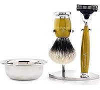 Silvertip - Pennello da barba a 3 bordi con supporto in acciaio inox e scocca color oro di Jag Shaving