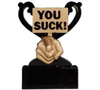 SilverTrophy: Trofeo con scritta "You Suck, Loser Funny Gag", regalo scherzoso, premio scherzo, quiz pub, serata di gioco in famiglia, compleanno in ufficio, maleducato, umoristico, mini tazza, nero e