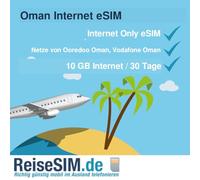 SIM da viaggio Oman Internet eSIM (codice QR via eMail), volume dati da 10 GB, 30 giorni di autonomia in rete di Ooredoo Oman e VFone Oman