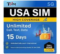 SIM USA 15 giorni con Call Home | Alta copertura di rete | Dati illimitati sulla rete | Chiamate/SMS locali + internazionali illimitati negli USA (inclusa Alaska) | SIM 5G
