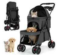 Simanli Passeggino doppio per gatti e cani, pieghevole, da viaggio, con 2 carrozzine, portatile, 4 ruote, per viaggi, campeggio, passeggiate, con borsa portaoggetti, portabicchieri (nero)