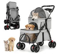 Simanli Passeggino doppio per gatti e cani, pieghevole, da viaggio, con 2 carrozzine, portatile, 4 ruote, per viaggi, campeggio, passeggiate, con borsa portaoggetti, portabicchieri (grigio)