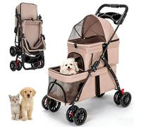 Simanli Passeggino doppio per gatti e cani, pieghevole, da viaggio, con 2 carrozzine, portatile, 4 ruote, per viaggi, campeggio, passeggiate, con borsa portaoggetti, portabicchieri (cachi)
