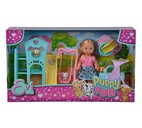 Simba 105733477 Evi Love Puppy Fun - Bambola con tre cuccioli carini e uno splendido spazio per cani, altalena, scivolo e passeggino 2 in 1-12 cm, adatta ai bambini dai 3 anni in su