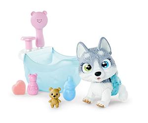 Simba 105953560 - Pamper Petz Husky con vasca da bagno, con funzione di pompaggio, bottiglia di schiuma, siringa d'acqua, giocattolo da 25 cm, a partire dai 3 anni, multicolore