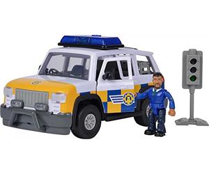 Simba 109251096 - Pompiere Sam Polizia Auto 4 x 4 con personaggio Malcom, con suono originale, porte e bagagliaio apribili, 19 cm, per bambini dai 3 anni in su
