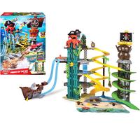 Dickie Toys - Pirates of The Sea Playset - Parcheggio con 5 Livelli per Bambini dai 3 Anni in su, con Luce e Suono, Funzione di tiro, Doppia Pista, squalo, rampa di Salto, Prigione, con 3 Auto