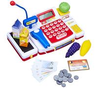 Simba 104525700 - cassa da supermercato con scanner, computer, tapis roulant, lettore di carte, mais, lattuga, uva, latte, succo d'arancia, 16 monete, 13 banconote, da 36 mesi a 8 anni