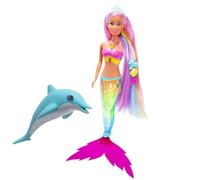 Simba Steffi Love Mermaizing - Bambola da sirena con luce arcobaleno, capelli extra lunghi, figura delfino e clip per capelli, 39 cm, funzione Try-Me, dai 3 anni in su