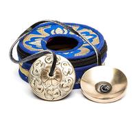 Simboli buddisti Tingsha Lamatar1 - Mini formato da 2 pollici con custodia in cotone blu con cerniera - Fatti a mano in Nepal - Per terapia del s