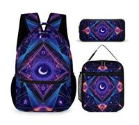Simboli di geometria sacra Sole Luna Trippy Viola (1) Set di zaini con zaino con porta pranzo e borsa per cosmetici Zaino con porta pranzo e borsa per il trucco
