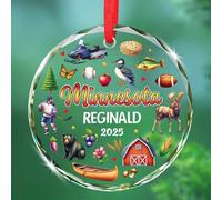Simboli personalizzati con nome e anno dell'ornamento in vetro del Minnesota, ornamenti souvenir da viaggio MN Natale, ornamento natalizio personalizzato dello stato del Minnesota 2025, ornamenti in