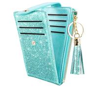 Simikol Portafoglio sottile da donna con blocco RFID in pelle multi card portafoglio bifold con nappa cerniera tasca portamonete, Glitter Tiffany, with Tassel, Pelle liscia alla moda