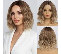 SIMKAYLEE Parrucca corta ondulata biondo ombré da donna, lunghezza alle spalle, riga centrale, parrucca a caschetto riccia, dall'aspetto naturale, in fibra sintetica resistente al calore, per uso